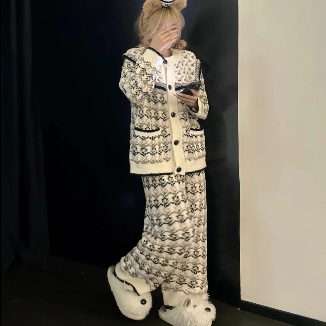 韩版复古提花针织半边绒睡衣女秋冬季加厚开衫外套家居服套装外穿