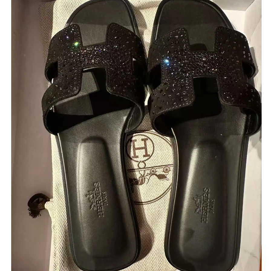 99新 Hermes/爱马仕 黑色细钻H拖/35码