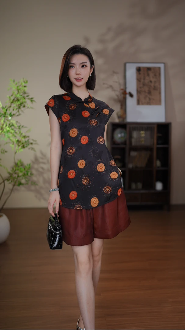 GONG QUE 【甜甜圈】新中式香云纱短袖上衣 3352