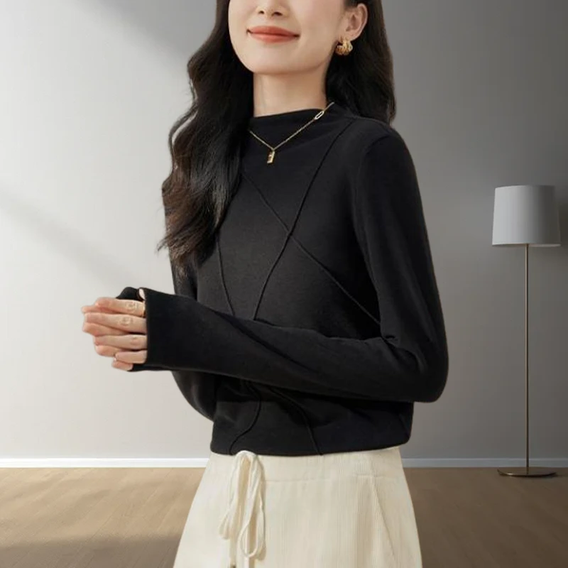 德绒高级感气质时尚打底衫女新款半高领显瘦百搭长袖保暖内搭上衣