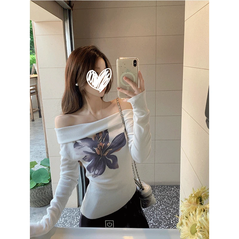 固质一字肩花卉百搭不规则下摆印花针织毛衣早秋纯欲风长袖上衣女