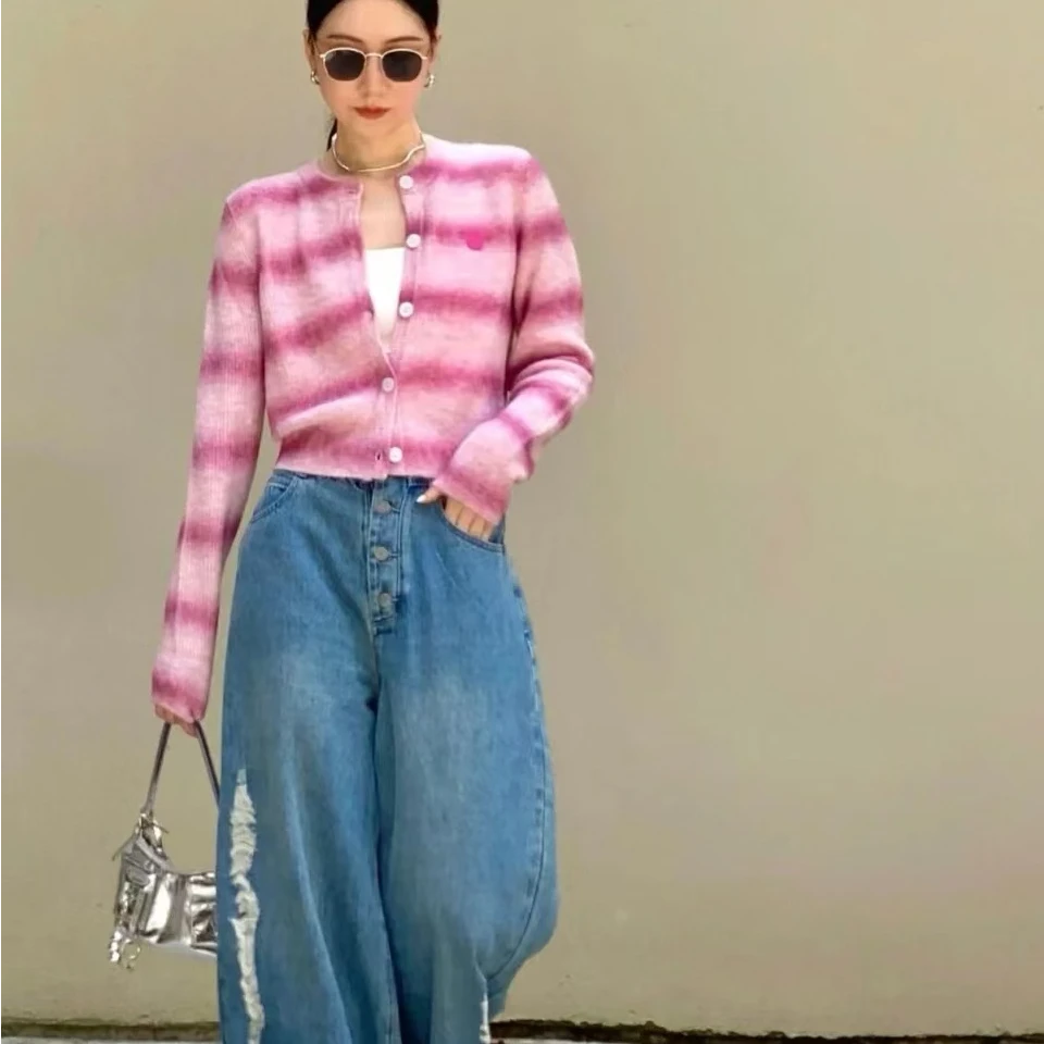 304【羊毛+羊驼毛】慵懒斜襟纽扣羊毛混纺圆领针织开衫外套女