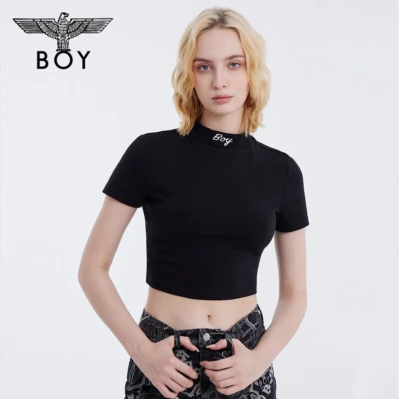 BOYLONDON23秋季新品女士修身短款内搭字母刺绣小高领T恤 W01001