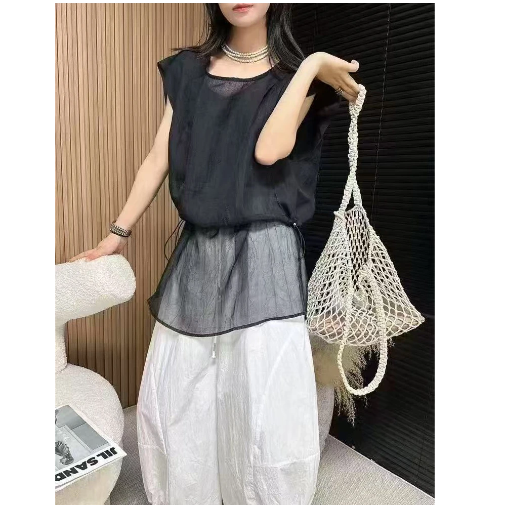 【柚子同款】MZ夏季四方领下摆欧根纱拼接收腰抽绳衬衫上衣88180