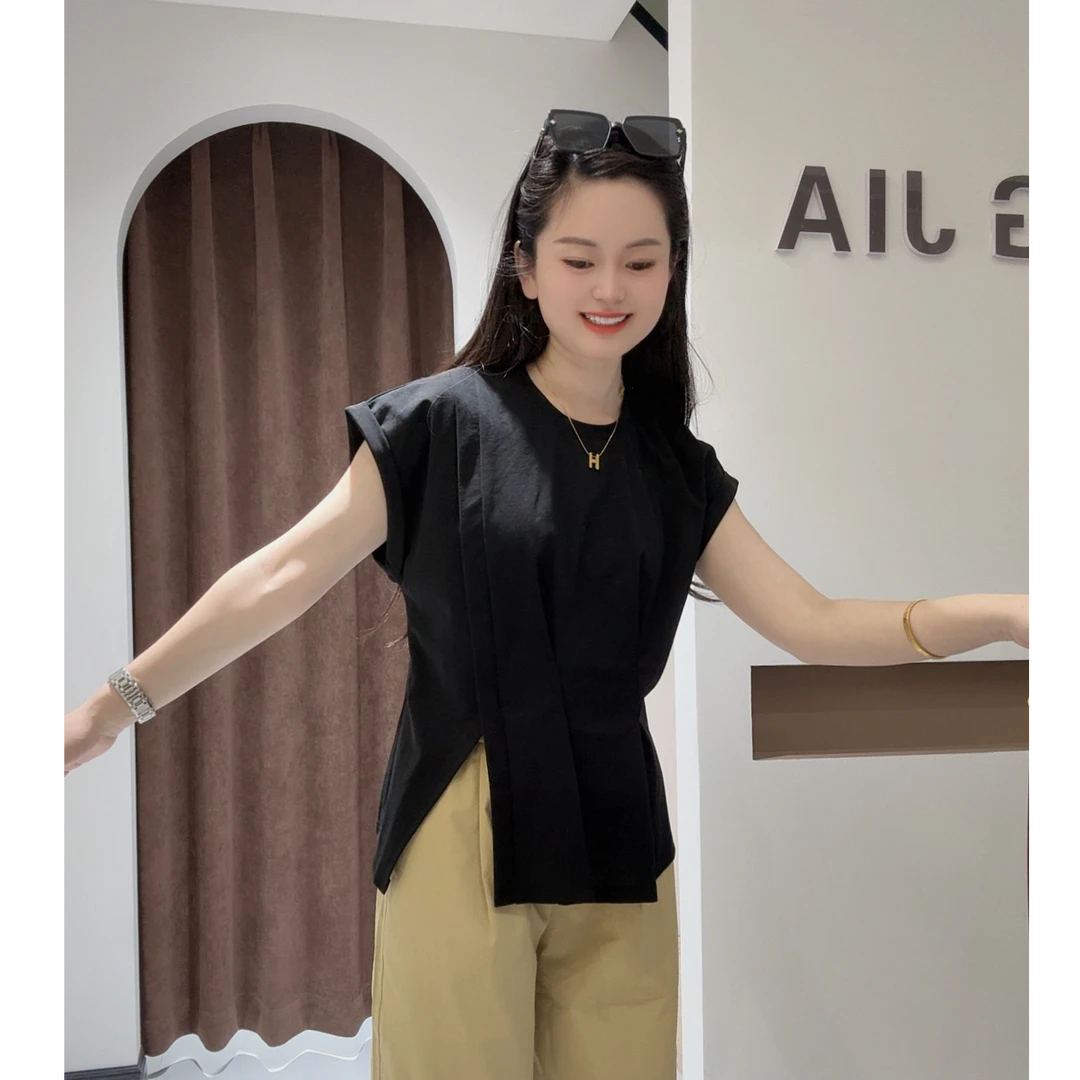 【程程家】6378侧开叉褶皱T恤