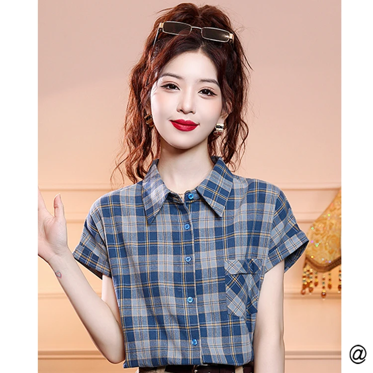 时尚粉雾蓝格子衬衫女士夏季短袖女装格子洋气百搭复古宽松韩版