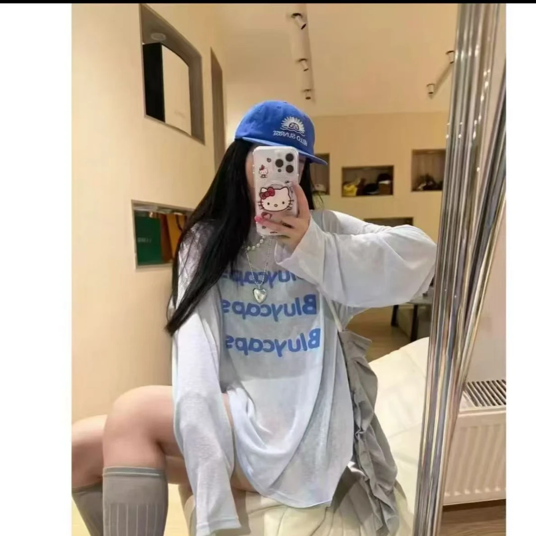 小雅姐姐   夏季薄款发泡字母印花慵懒防晒长袖T恤衫IW39