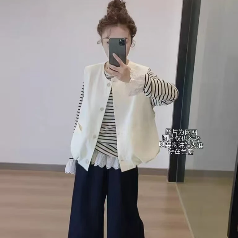 2025早秋新款大码女装韩系文艺感叠穿马甲/条纹上衣/花边阔腿裤