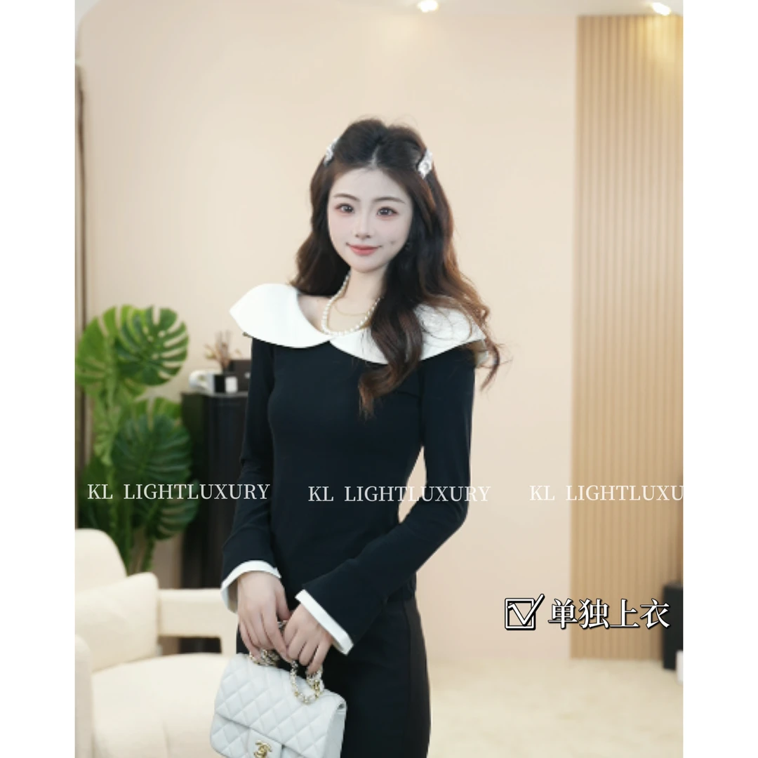 法式高级感撞色翻领弹力上衣  S0308