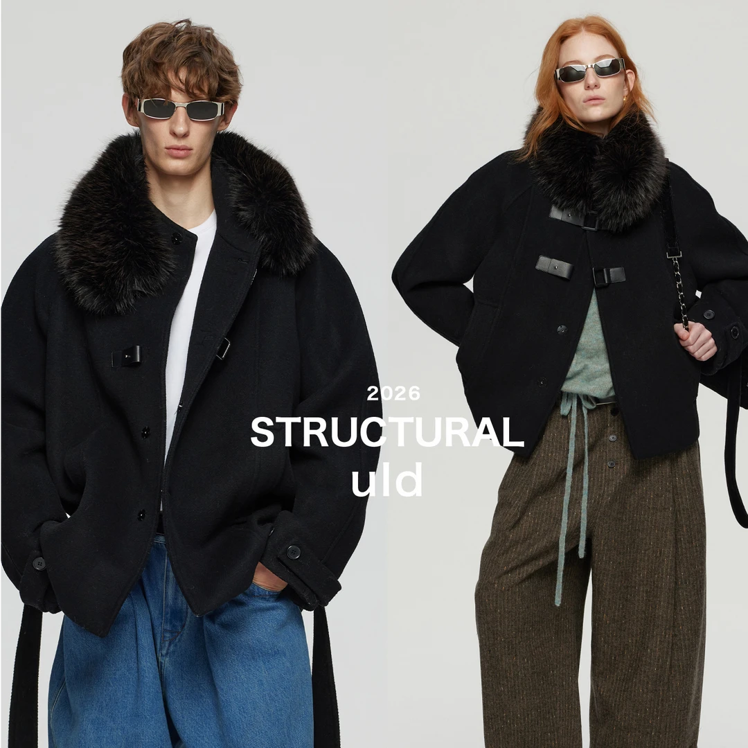 ULD/90s摩登city绵羊毛杂花多重肌理可拆卸毛领短款手工大衣