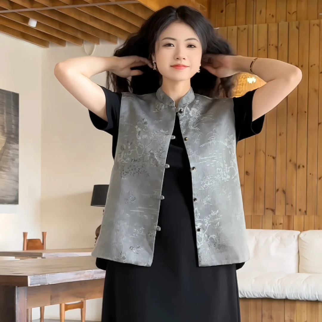 原创设计单排扣两面穿缎面高克重小众立领夏季上衣休闲马夹 LW042