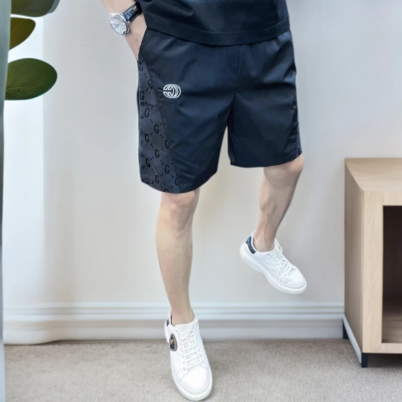 佩托本那夏季欧货高端冰丝男士休闲短裤潮流印花宽松沙滩五分裤