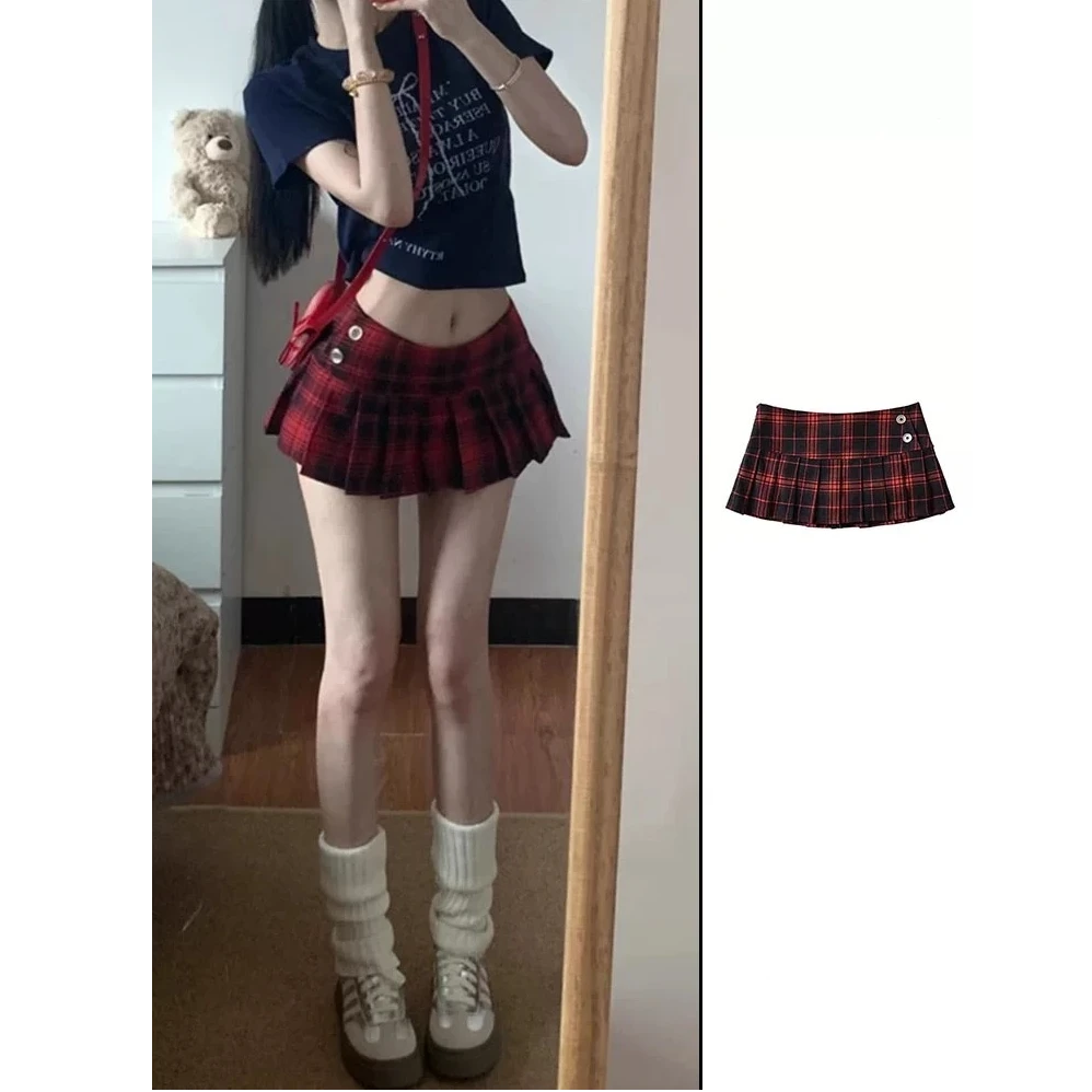 Qyko“JK风低腰格纹超短裙春夏新款甜酷防走光显腿长A字百褶半身裙