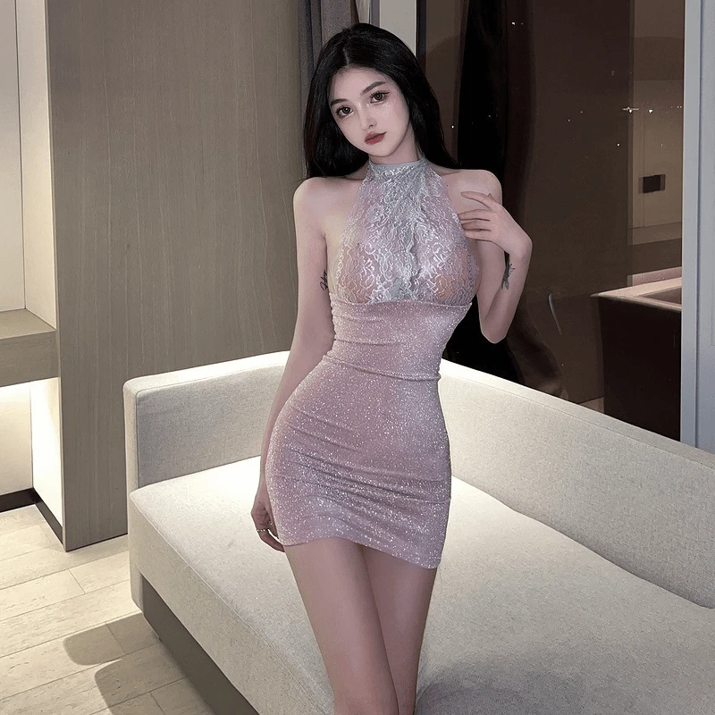 【甜妹必备】气质内衣纯欲套装紧身挂脖包臀短裙睡衣