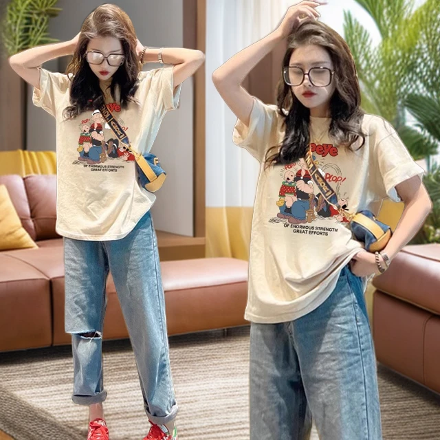 美式复古短袖t恤女2025春夏新款欧货宽松圆领纯棉印花体恤上衣ins