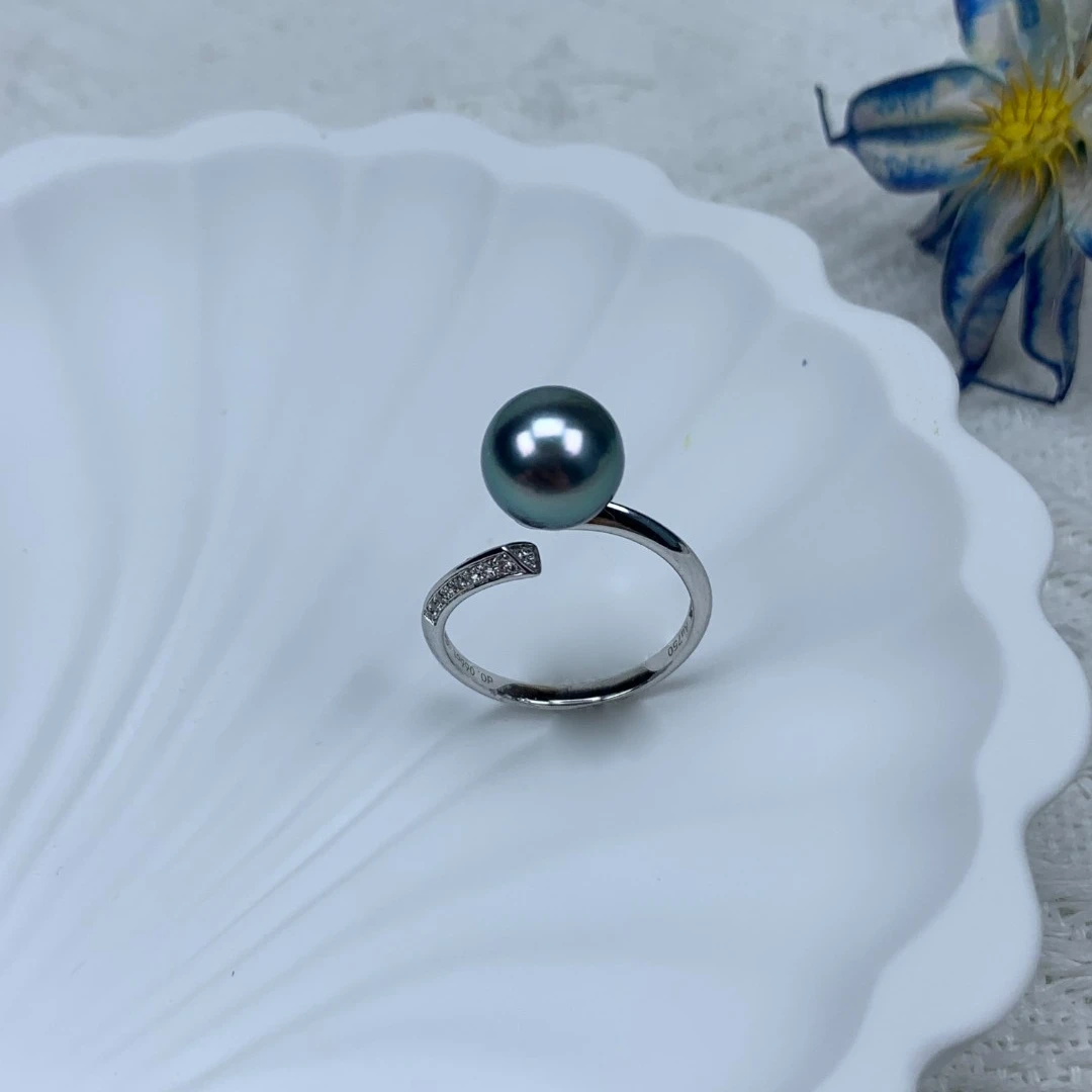【限定孤品】海水珍珠大溪地珍珠戒指8-9mm极强光18K金镶钻送人礼物