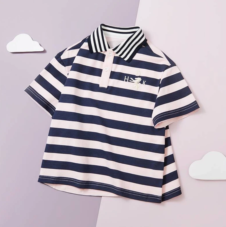 女童夏季条纹网眼透气polo短袖T恤304