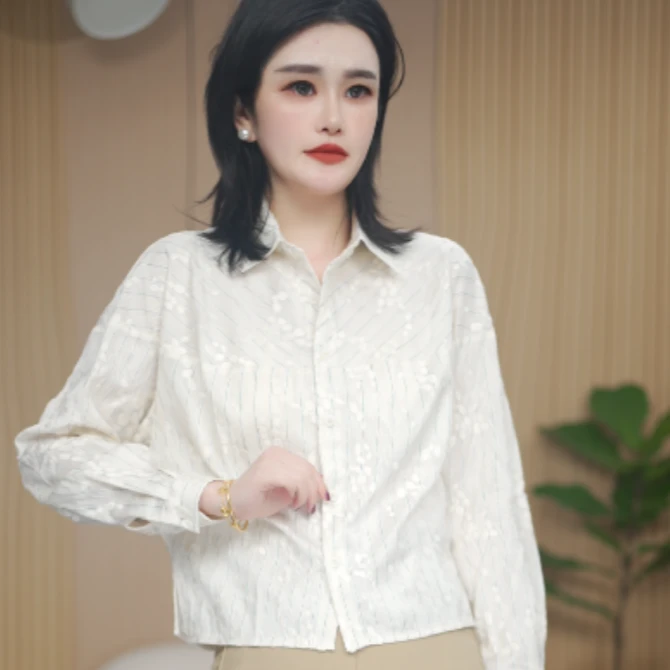 XF2172法式薄款常规袖吸汗长袖白色时尚宽松衬衫气质上衣衬衣女装