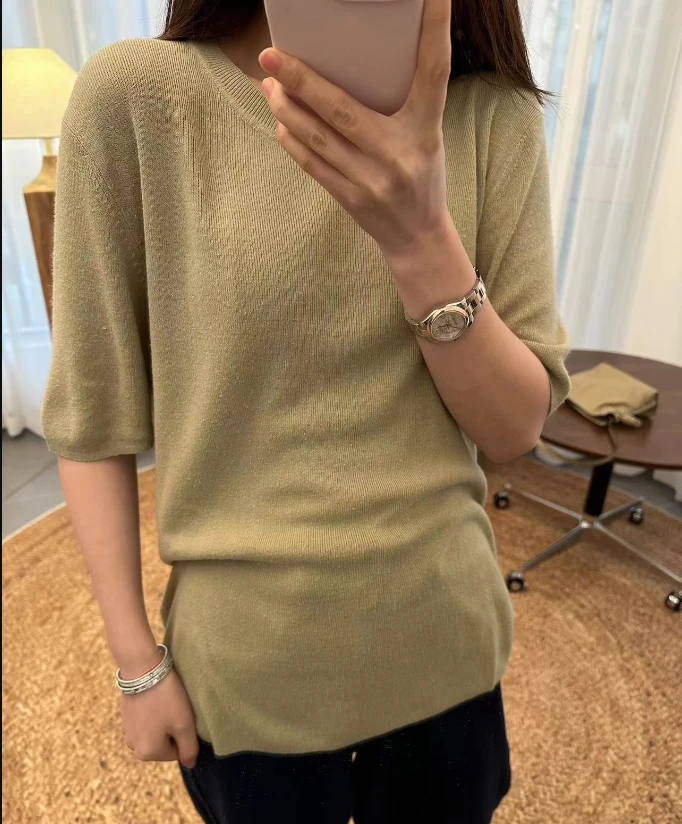 SS24229 高端订单 100%真丝颗粒感纱线针织短袖