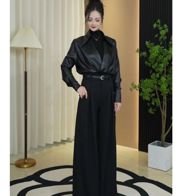 【支支定制】2522#百搭直筒拖地裤阔腿裤显瘦高腰气质时尚黑色