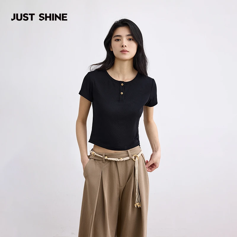 JUSTSHINE 亨利领短袖t恤正肩修身圆领纽扣上衣棉质显瘦打底衫女