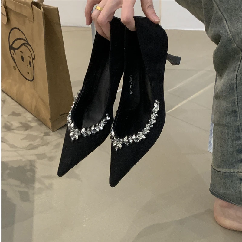 MRL-2025-12法式气质水钻尖头高跟鞋女外穿2025春季细跟浅口单鞋