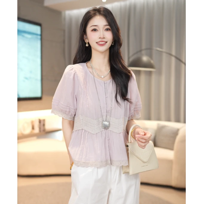 马克华菲女装夏季2025经典圆领衬衫拼接蕾丝花边小衫F52003A524CC