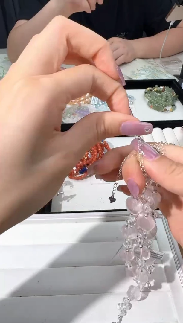 水晶手链银S925镶嵌I057粉水星星编织款