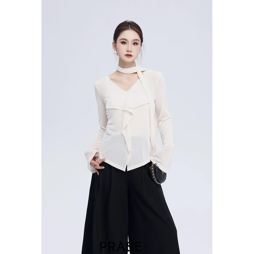 PRASE·噜【心动赴约】微胖轻奢设计款秋女醋酸飘带花边小衫PR507C21