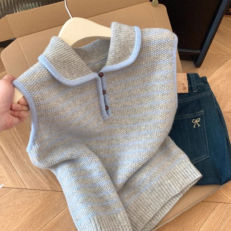 韩系高级感条纹polo领马夹针织无袖坎肩背心女士外搭叠穿上衣早秋