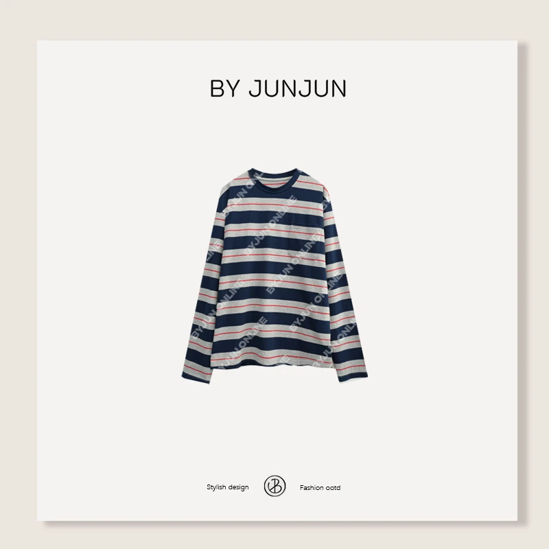 ByJunjun【恒久远】早秋口袋条纹圆领长袖T恤显瘦宽松上衣