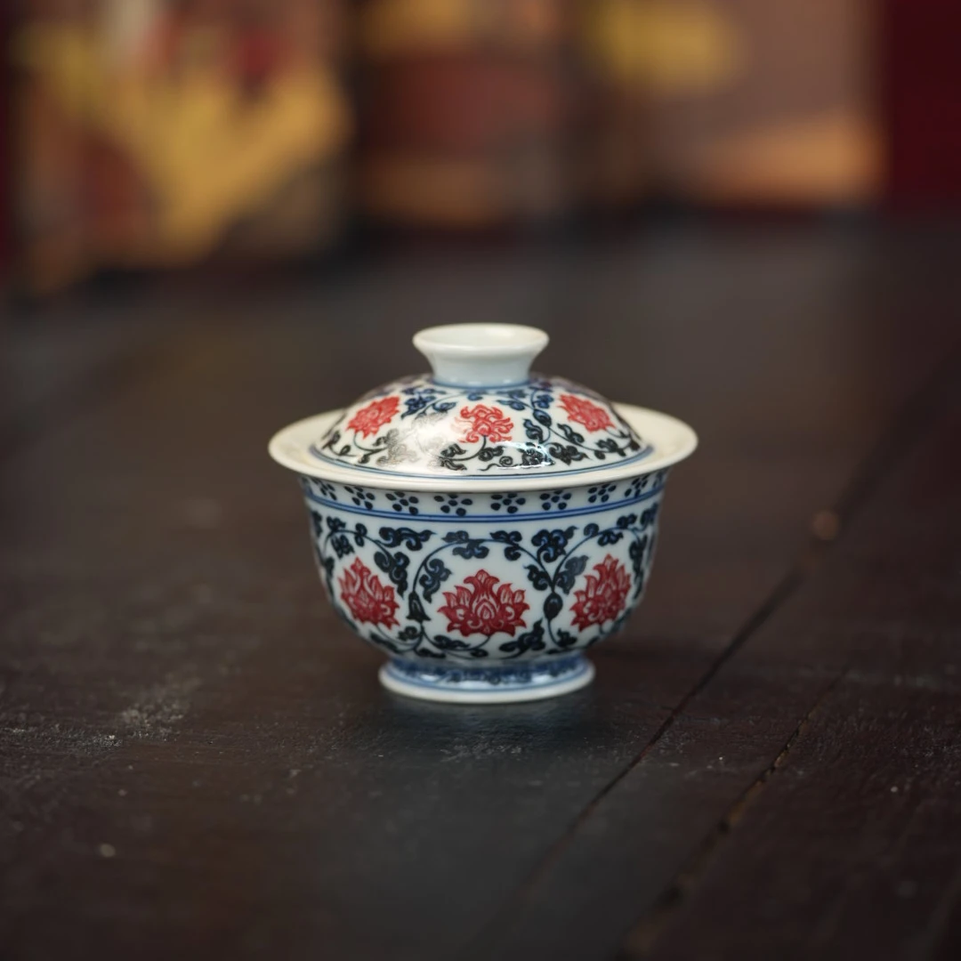 【正绎堂】青花釉里红系列 景德镇手工手绘 缠枝莲 盖碗 922