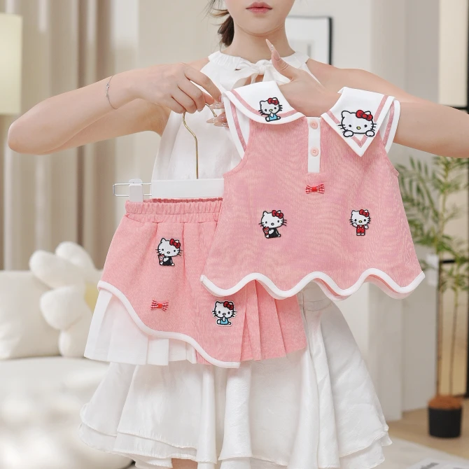 2025夏季女童无袖polo领猫咪无袖上衣百褶裙套装两件套SA30339