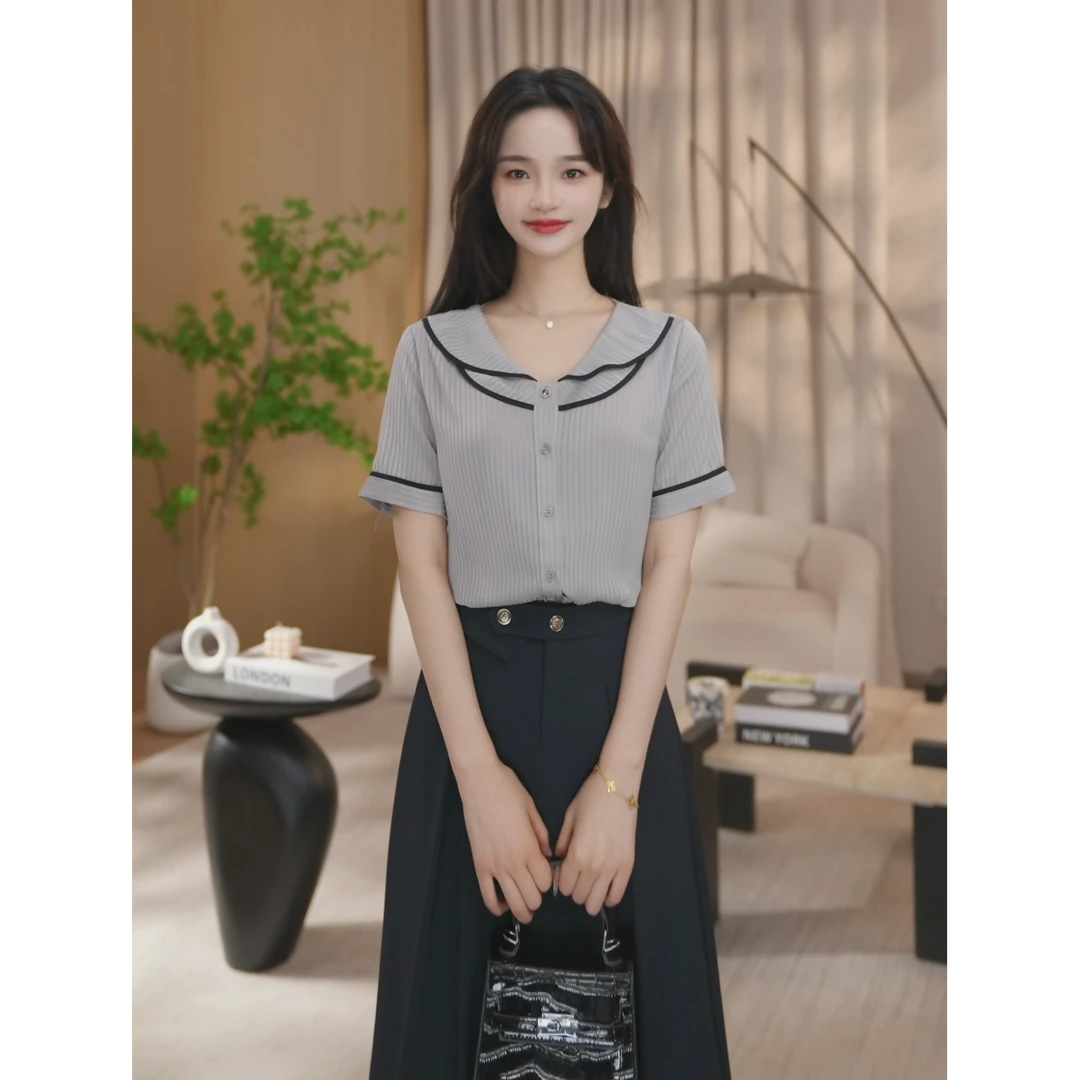 【曼贝】新款鸽灰色时尚气质百搭通勤显瘦衬衫女8292017【佳莹】
