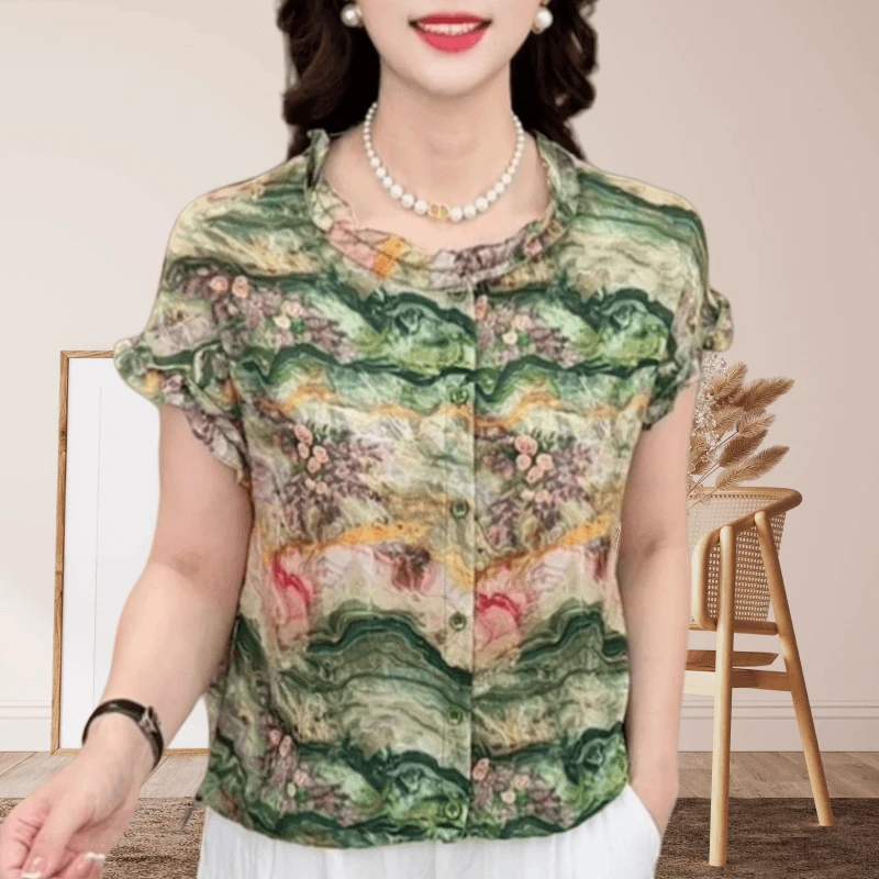 复古时尚碎花短袖上衣女装新款洋气减龄气质显瘦休闲木耳边领小衫