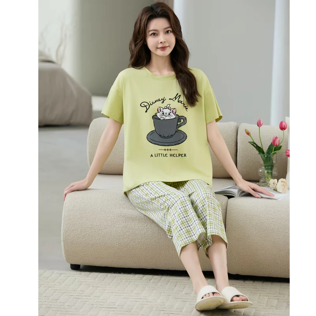 (芬亿)抹茶绿咖啡猫短袖短裤八分裤休闲宽松可外穿家居服套装