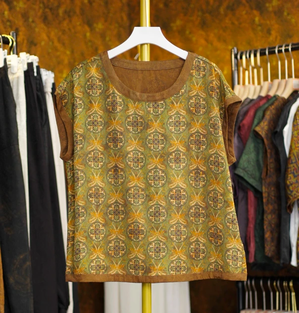 【青麦】新中式国风复古圆领短袖气质上衣小衫女240