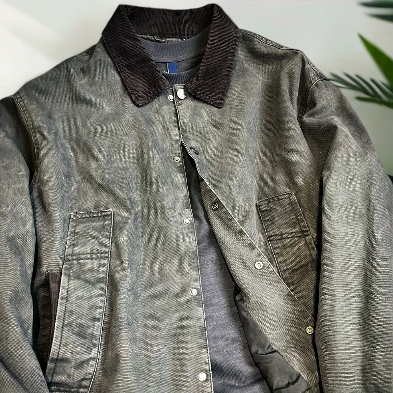 玛加西曼特帆水洗复古巴恩风工装外套男士秋季宽松翻领夹克男时尚