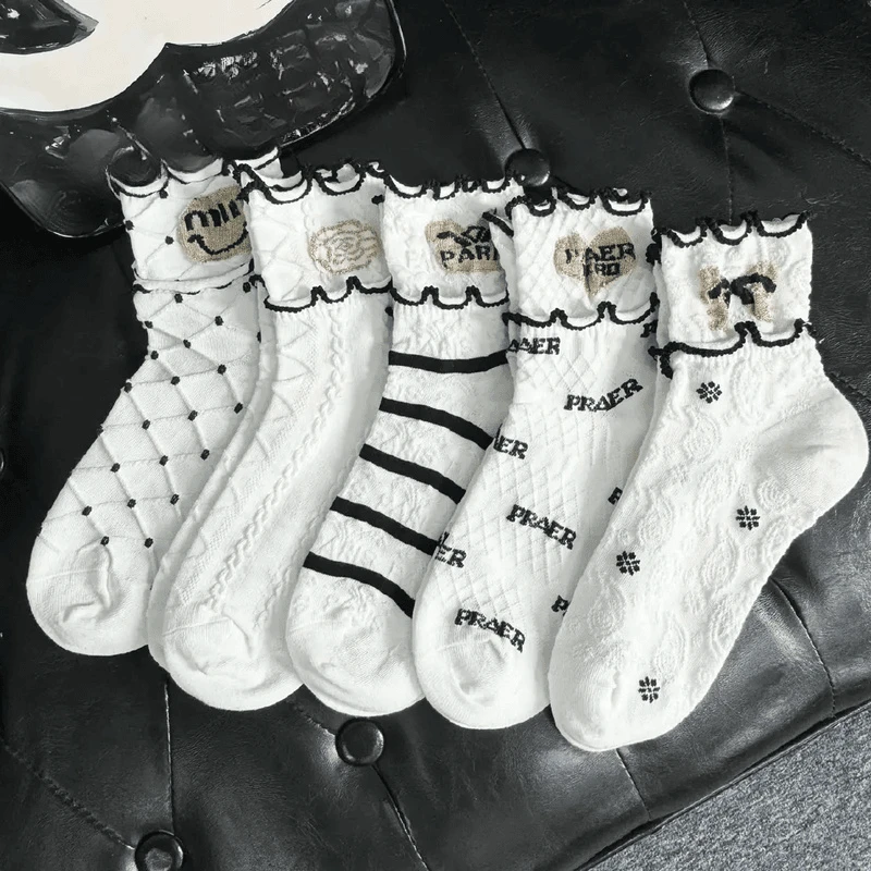 黑白色夏季木耳边春夏袜子女短袜ins潮薄款学生透气中筒袜k