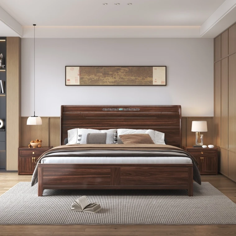 W380#新中式高山流水实木床1.8米双人床中高端乌金木主卧大床婚床