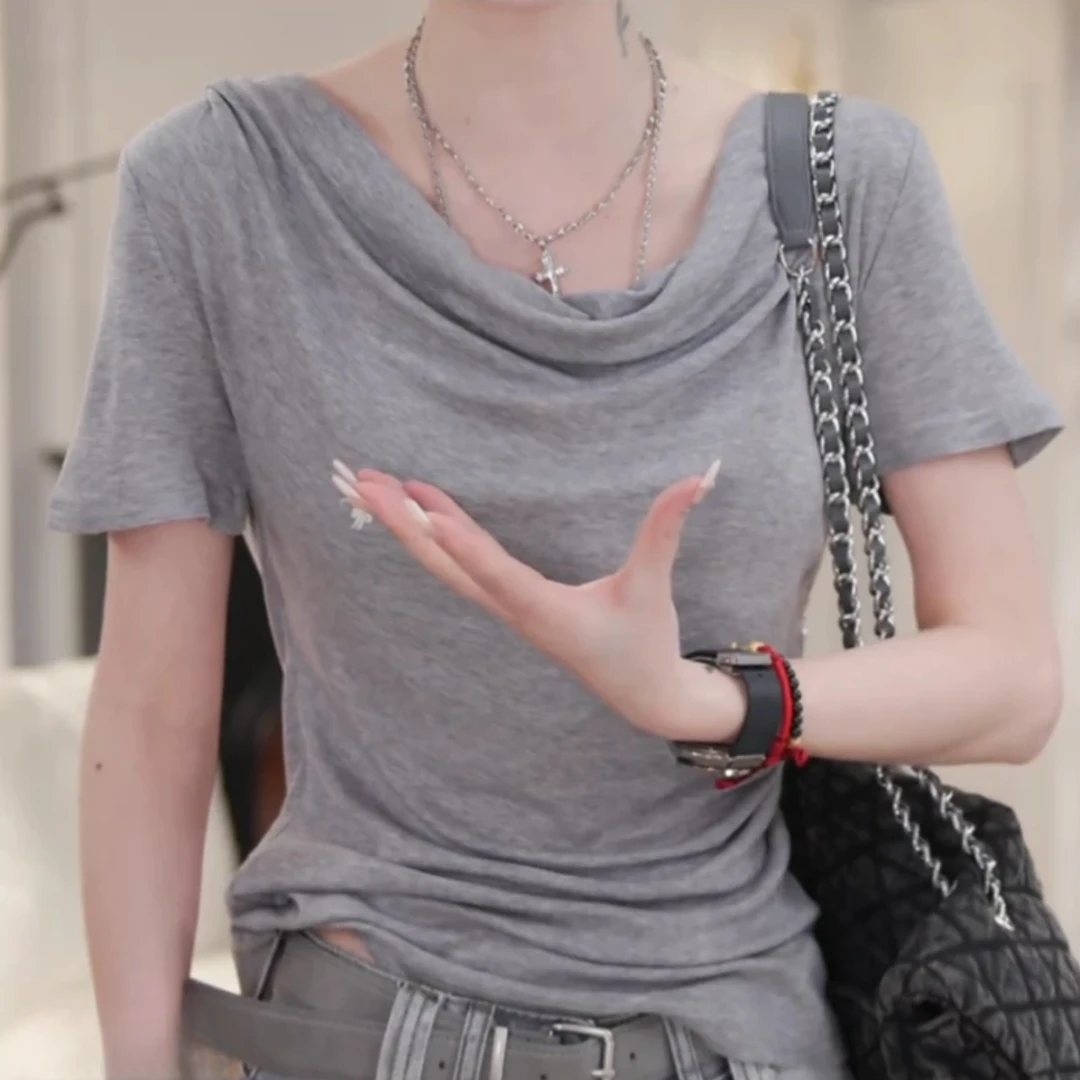 2025夏季后背蕾丝镂空拼接短袖t恤修身显瘦上衣内搭