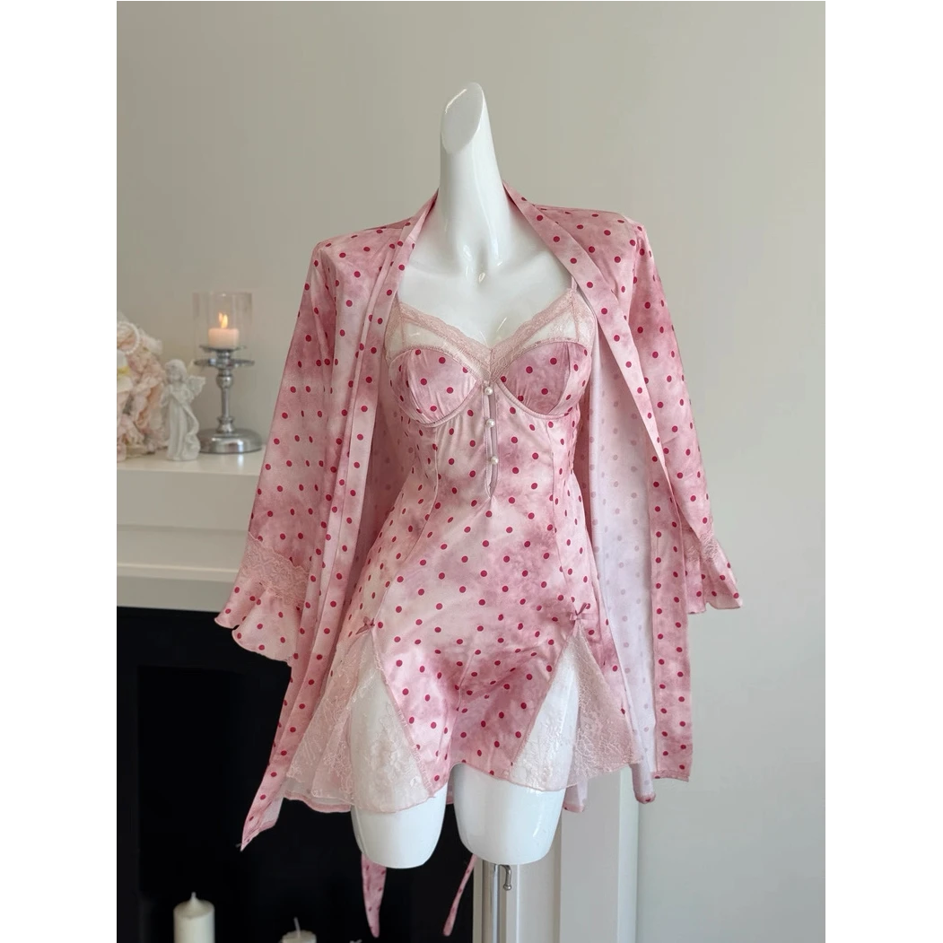 【嫣红波点】 法式纯欲波点带胸垫吊带睡衣裙性感蕾丝深v家居服套装