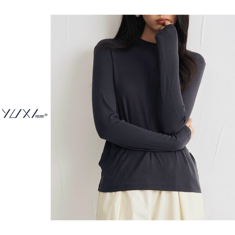 《纸片人半高领》天丝醋酸羊毛打底上衣修身长袖纯色百搭极简