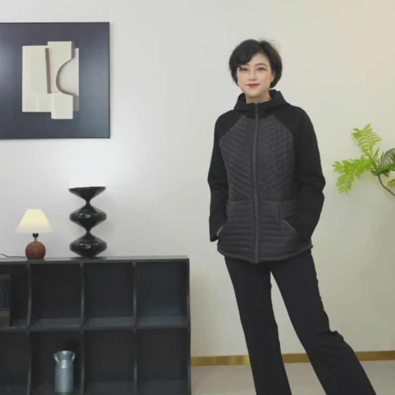 【U.M】极简显瘦连帽羊毛棉服保暖拼接绗缝拉链显瘦棉服