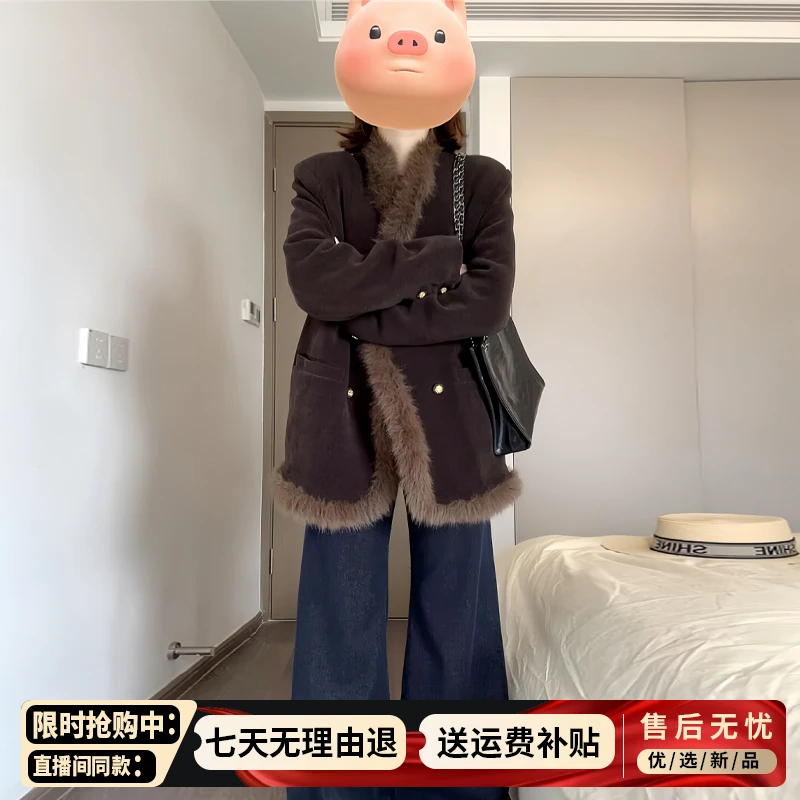 美拉德高级感棕色毛毛外套女2025秋冬季新款韩系加厚短款气质上衣