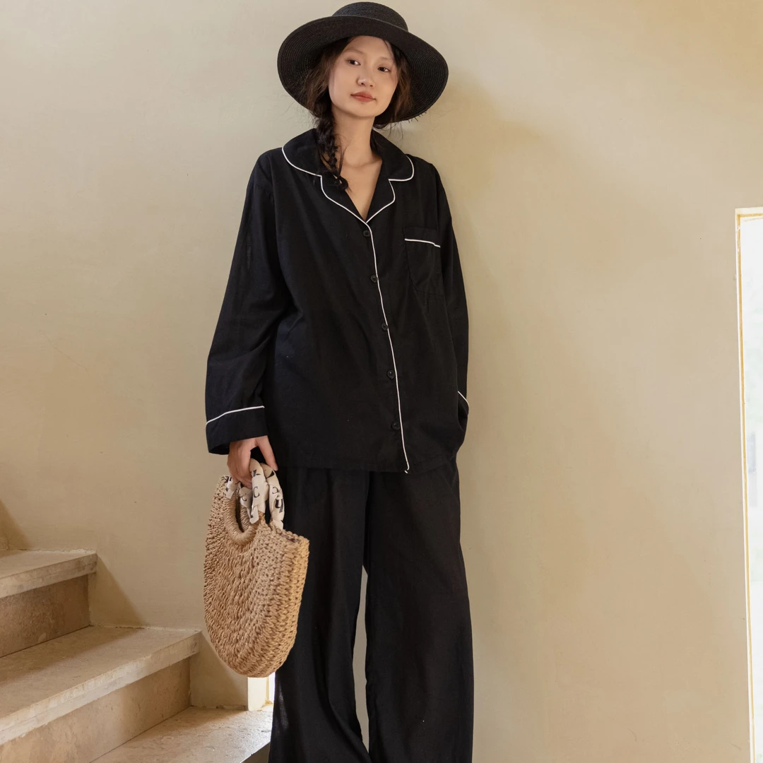 族玛士纯棉睡衣女士休闲春秋气质宽松长袖长裤黑色衬衫家居服套装