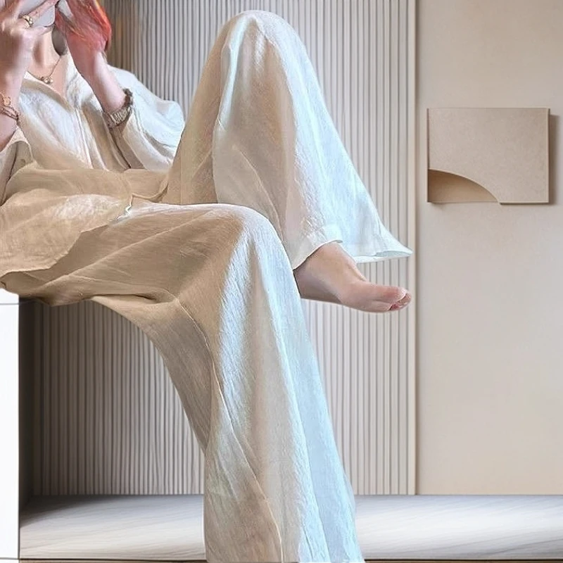 【雅岚女装】时尚洋气显瘦百搭白色老钱风慵懒感亚麻休闲裤直筒夏季