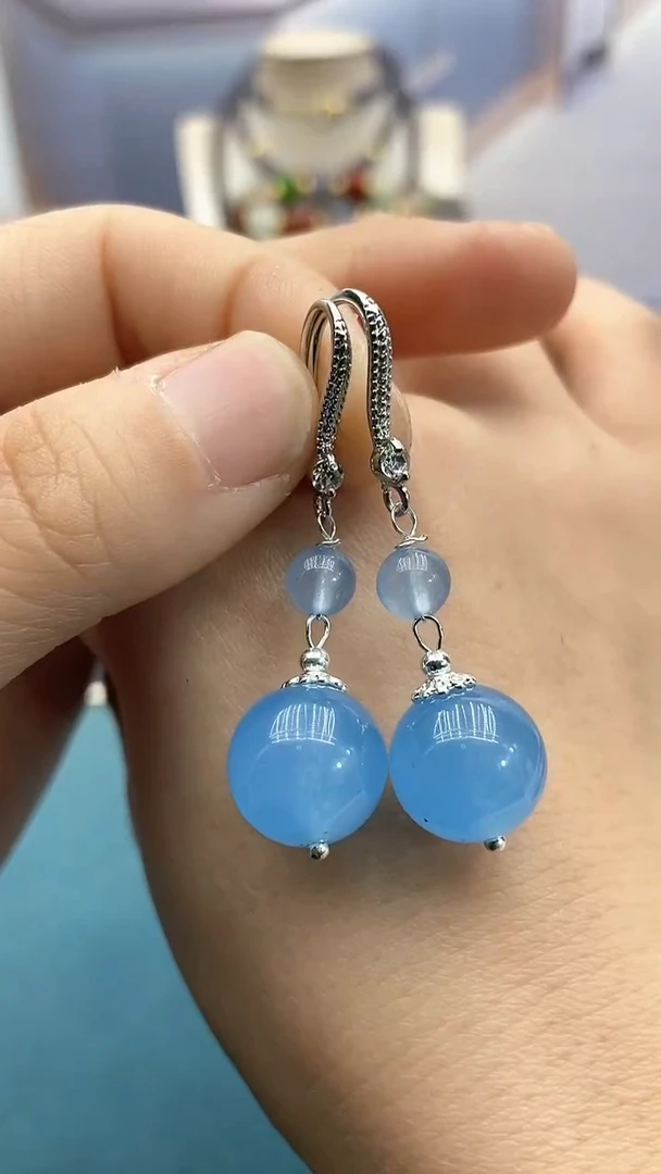 【闪购商品】海蓝宝石耳坠银S925镶嵌海蓝双珠耳钩H2