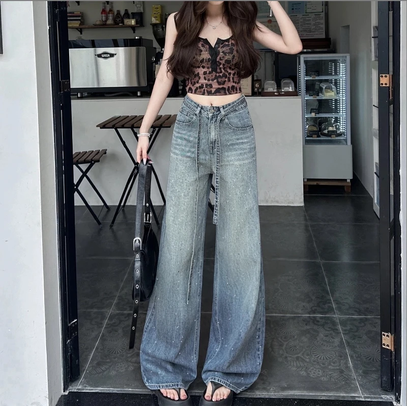 【腰带+运费险】新时尚烫钻满天星阔腿牛仔裤女宽松显瘦直筒裤