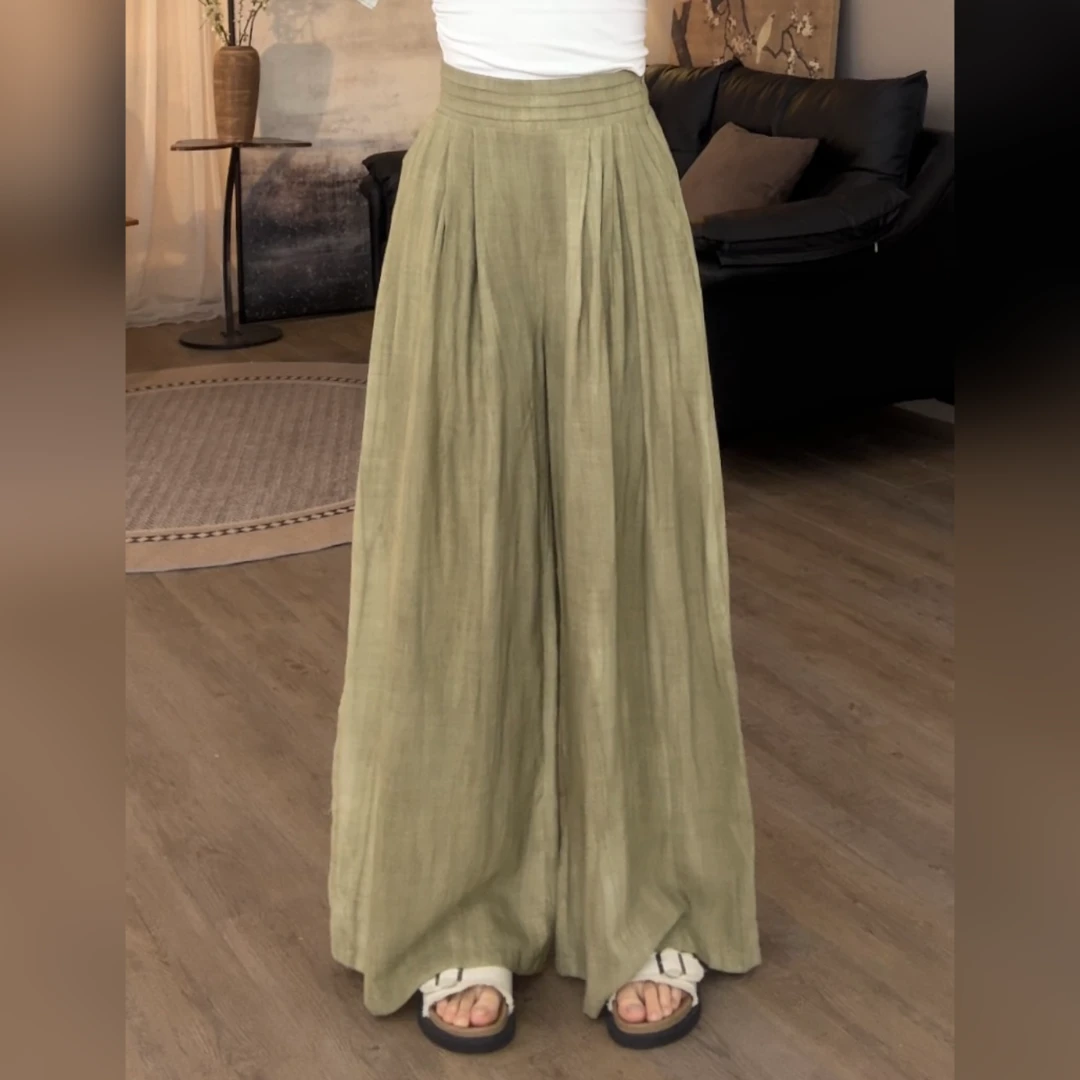 VGVL裤子【柳絮】夏季绿色设计感显瘦阔腿休闲裤